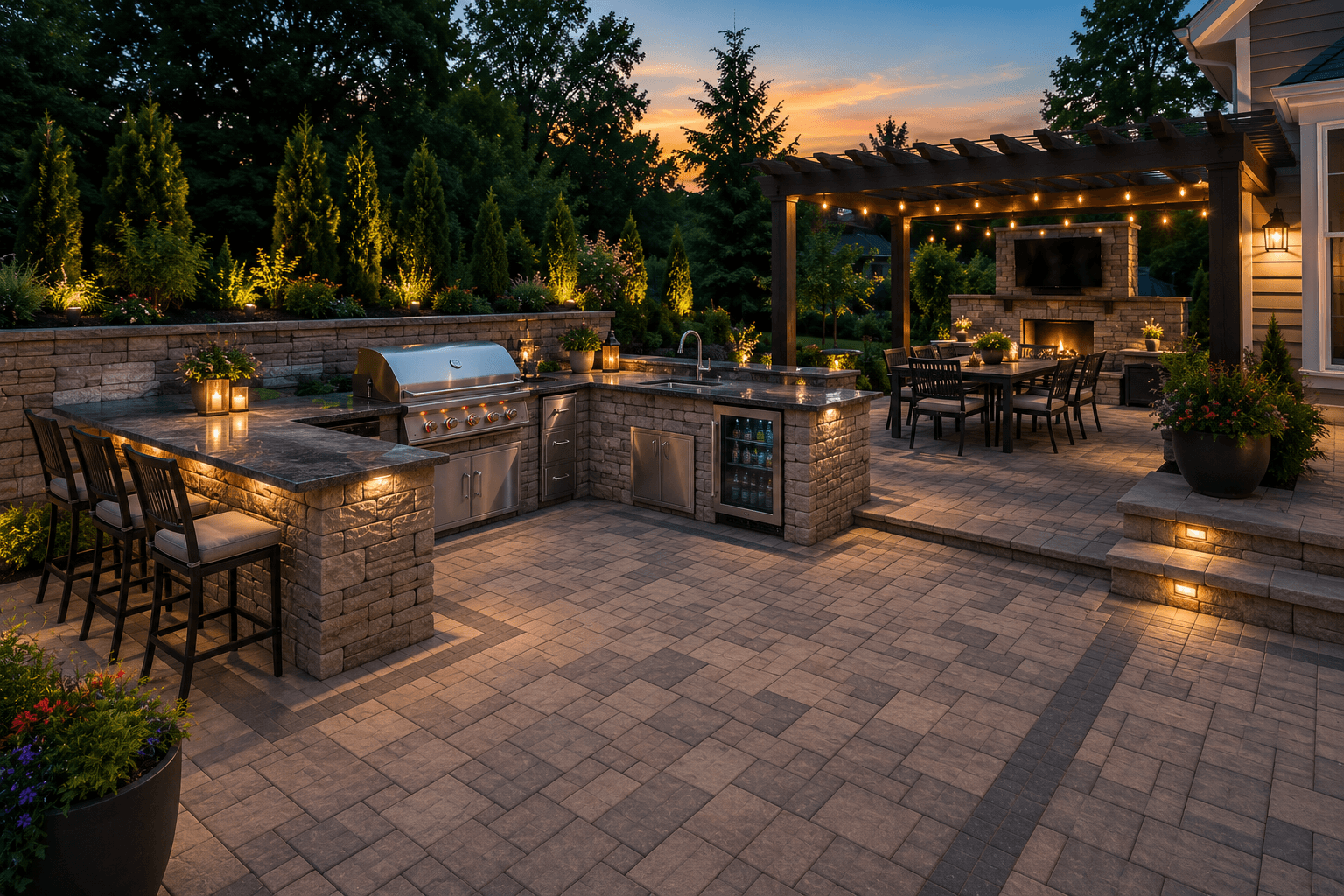 Outdoor kitchen with stone and paver finishes