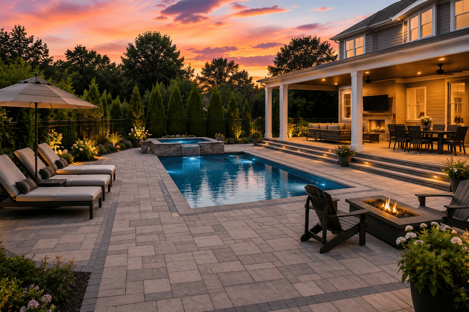 Paver pool deck around a resort-style pool